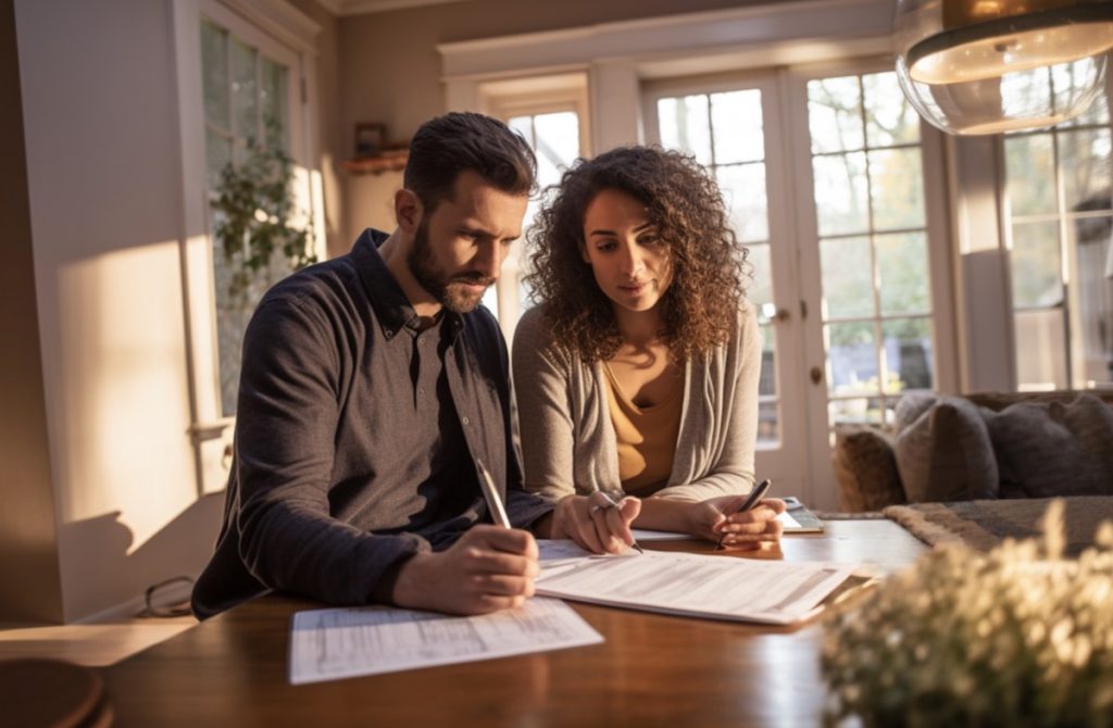 couple cherchant un terrain et calculant les taux